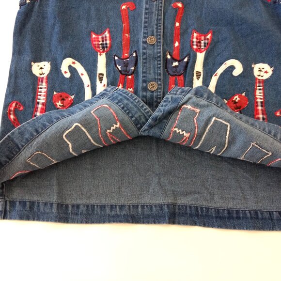 LIFE STYLE Vest Women's S Blue Denim Embroidered Cats Applique Button - Picture 7 of 14